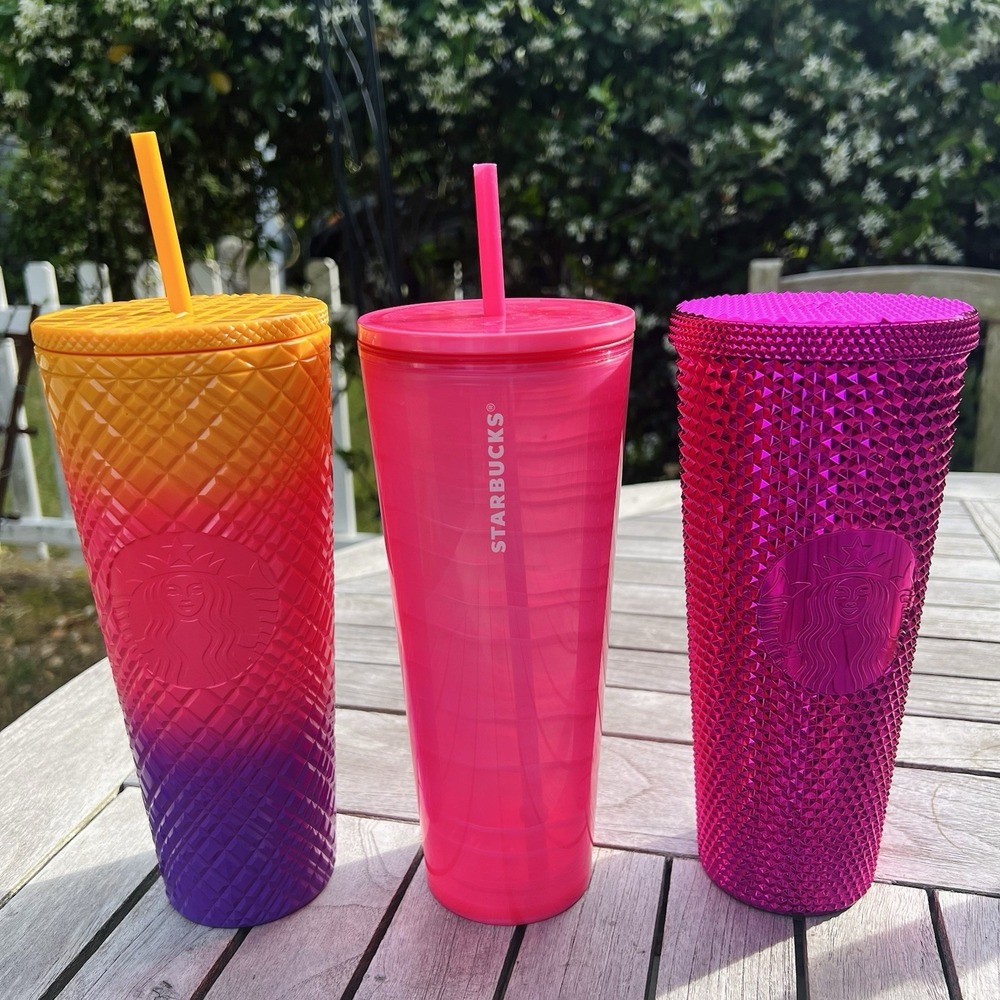 Starbucks 2024 Hot Pink 24oz Acrylic Tumbler Cold Cup Bright Diamond Lot Of 3
